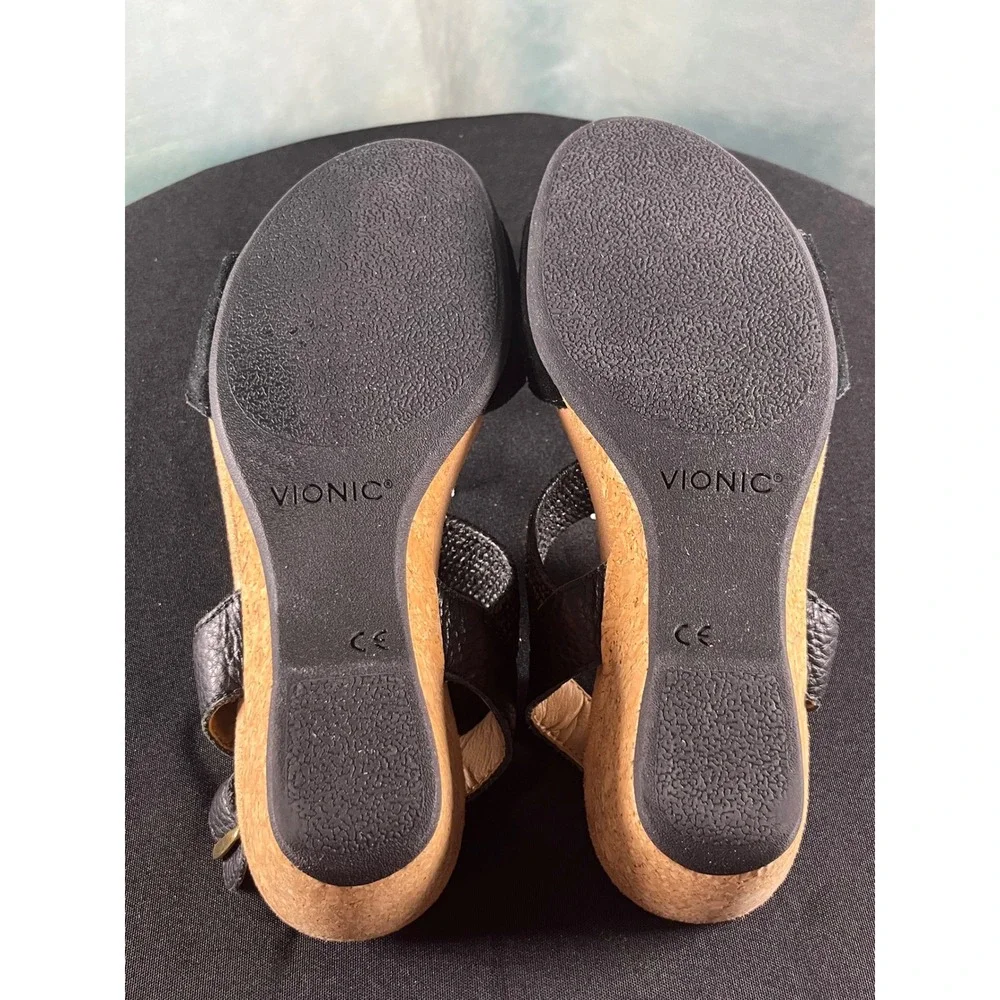 Vionic Kaytie Black Suede Leather Cork Wedge Slingback Sandals‎ Womens 8